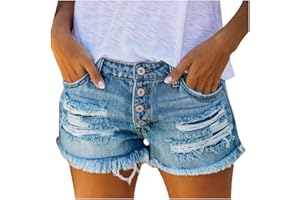 Rvidbe Denim Shorts for Women Juniors Casual Summer Mid Rise Stretchy Ripped Cuffed Hem Tassels Jean Shorts with Pockets