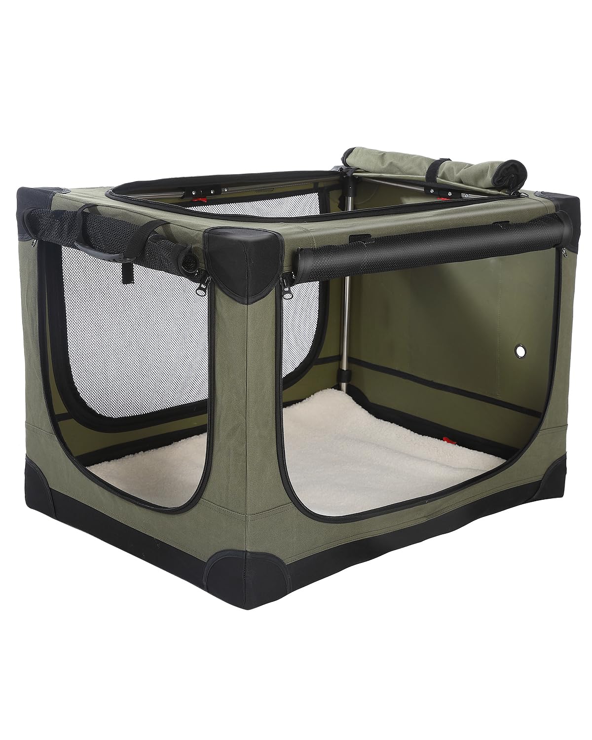 Photo 1 of Deekuiwi 30-Inch Collapsible Travel Dog Crate, Portable 4-Door Soft Kennel for Medium to Large Dogs, Durable Mesh Windows, Indoor/Outdoor Use, Foldable, with Storage Bag (Green)
