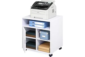 FITUEYES White Printer Cabinet with Door, Wood Mobile Printer Stand with Adjustable Shelves, Home Office Printer Cart on Wheels for Storing File Folders, PS406005WW