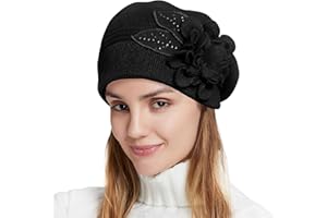 Nawati Flower Women Beret, Double Layer Thickened Winter Knitted Beanie Beret Hat, Stylish French Dress Beret Hats for Women