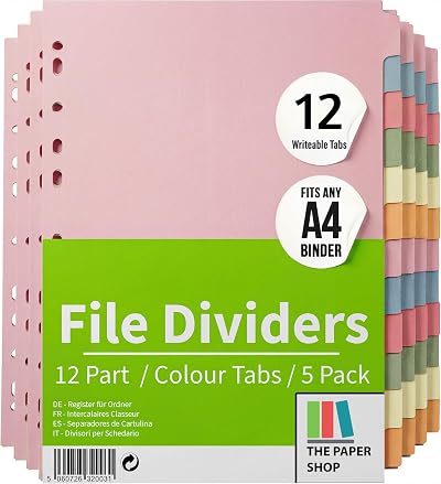 The Paper Shop A4 File Dividers 12 Part 5 Pack Writeable Index Tabs