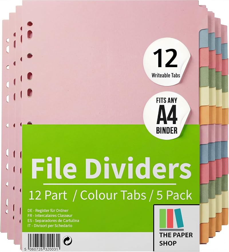 The Paper Shop A4 File Dividers 12 Part 5 Pack Writeable Index Tabs