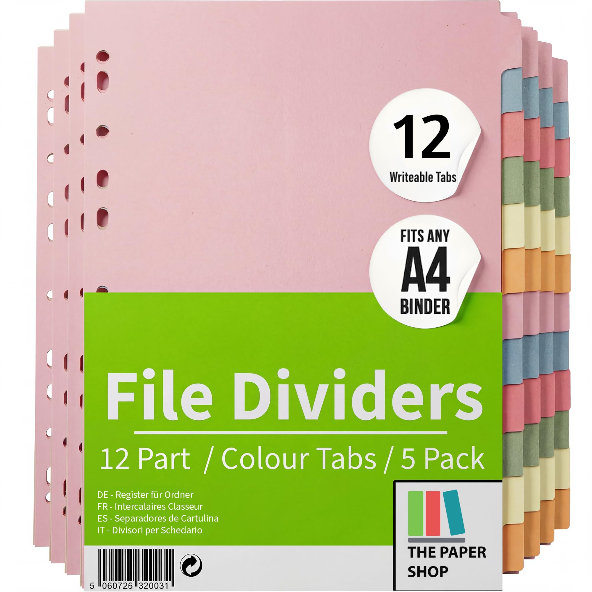 File Dividers A4, 12 Part Folder Dividers for Ring Binders & Lever Arch Files (5 Pack) Binder and Subject Dividers with Writeable Coloured Index Tabs - The Paper Shop