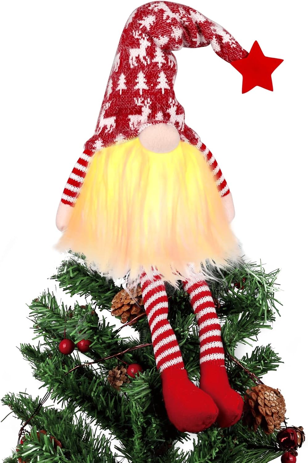 Tree Toppers - Christmas Tree Topper with Lights,Gnome Tree Topper Lighted Christmas Tree Topper 24 Inch Gnomes Christmas Tree Decorations, Christmas Home Decor-Red