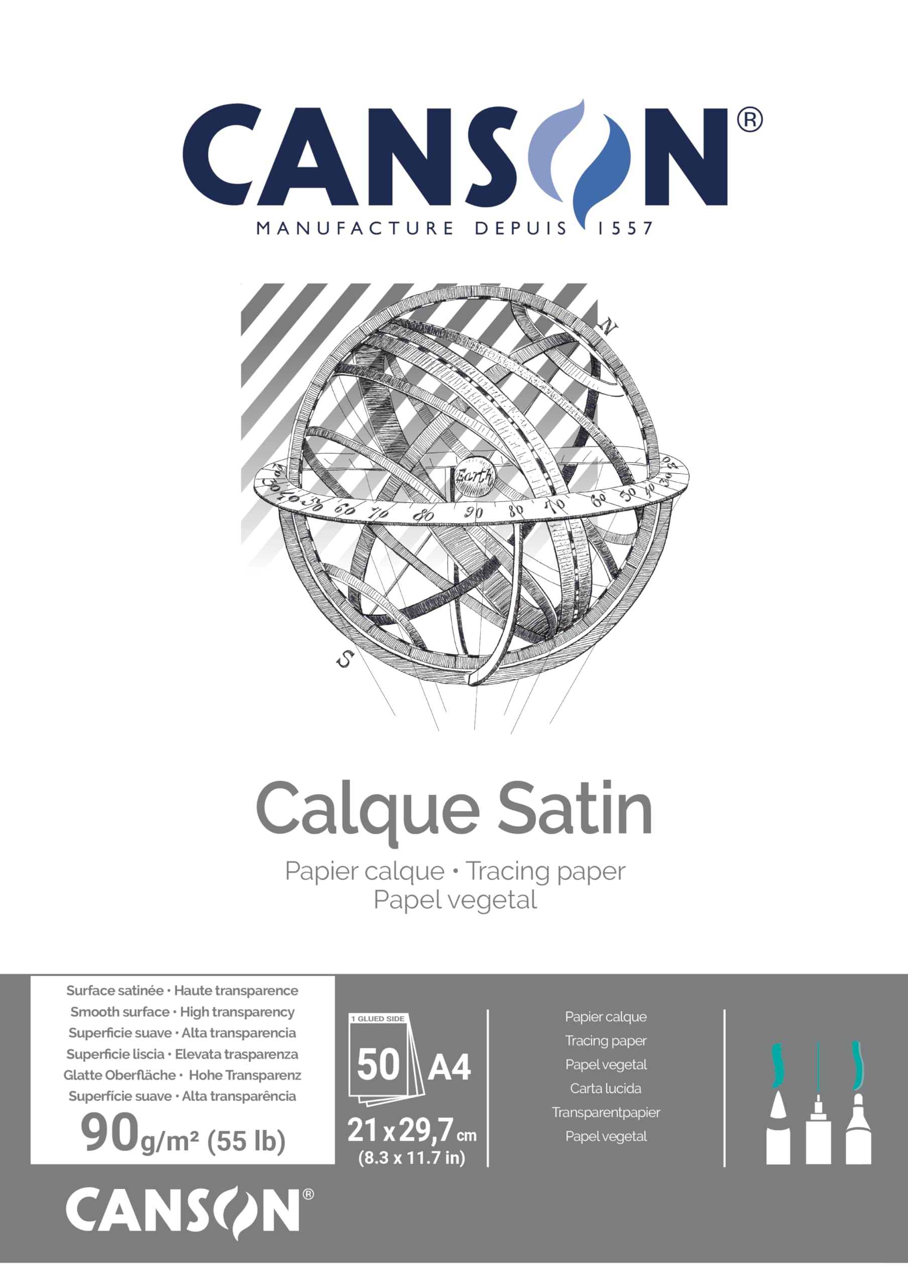 Canson Satin A4 90 GSM Short Side Glued Pad Translucent Tracing Paper (Pack of 50 Sheets)