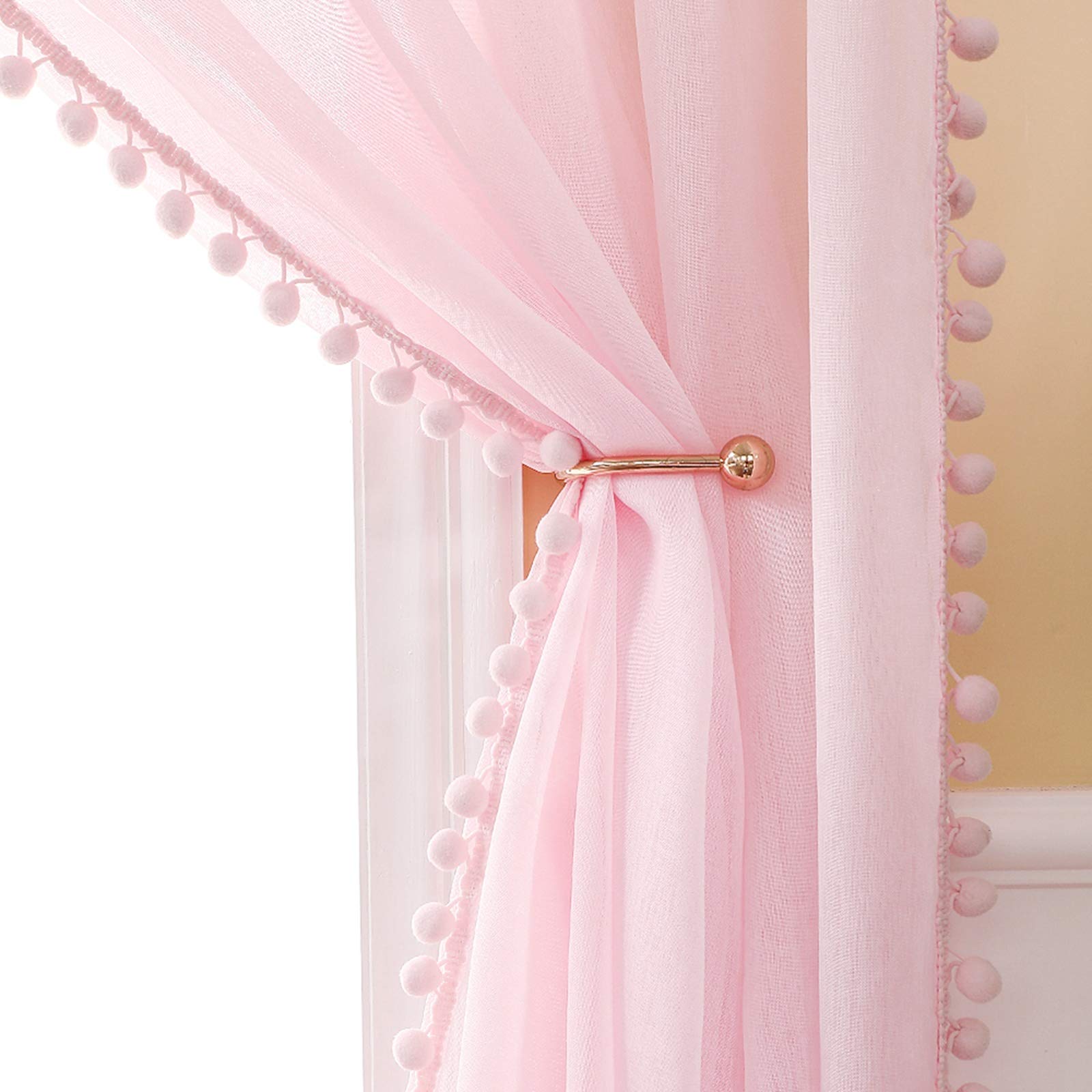 MIULEE Sheer Curtains with Pom Poms-Pink Voile Curtain for Bedroom Living Room, Pretty Rod Pocket Pompom Curtain for Kids, Girls Bedroom, 2 Panels Net Window Curtains, Each W55 x D96 Inch
