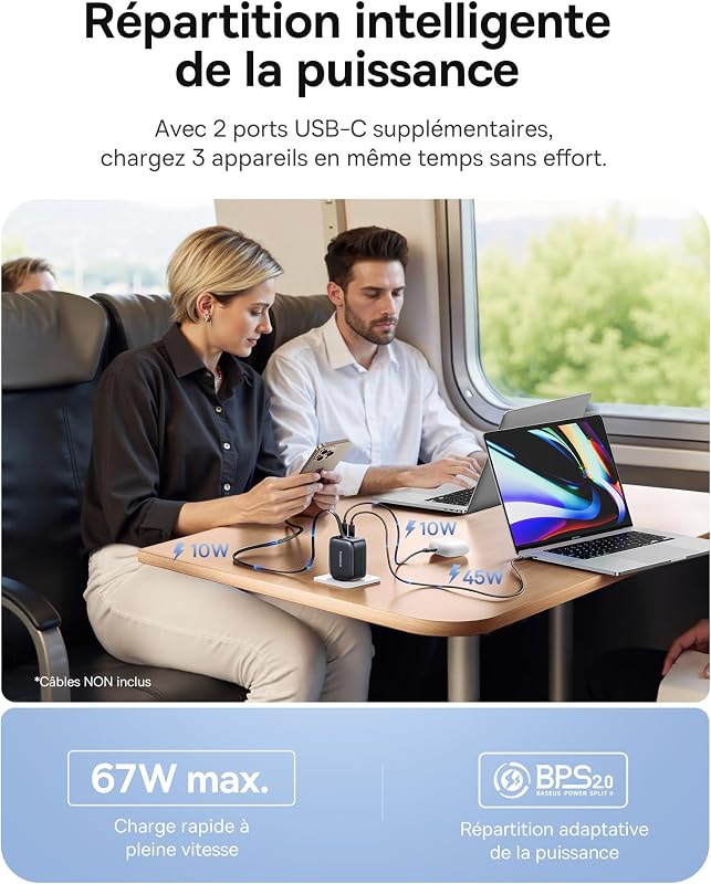 Enercore Chargeur USB C 67W avec Câble Rétractable, Chargeur GaN Compact avec 2 Ports USB-C, Compatible iPhone 17/16/15/14, Galaxy S25/24/23/22, MacBook Pro/Air, Dell, HP, iPad