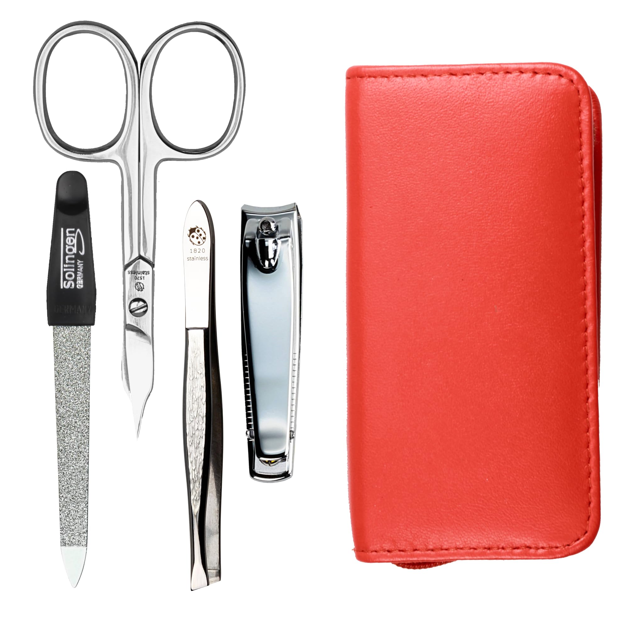 Manicure Set 4-Piece Travel Case - Nail Scissors, Nail Clippers, Nail File and Tweezers - Case Made of Genuine Nappa Lambskin Leather - Manicure and Pedicure (Orange)