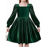 Arshiner Girls Dresses Velvet Square Neck Puff Long Sleeve Fall Winter Holiday Dress with Pockets
