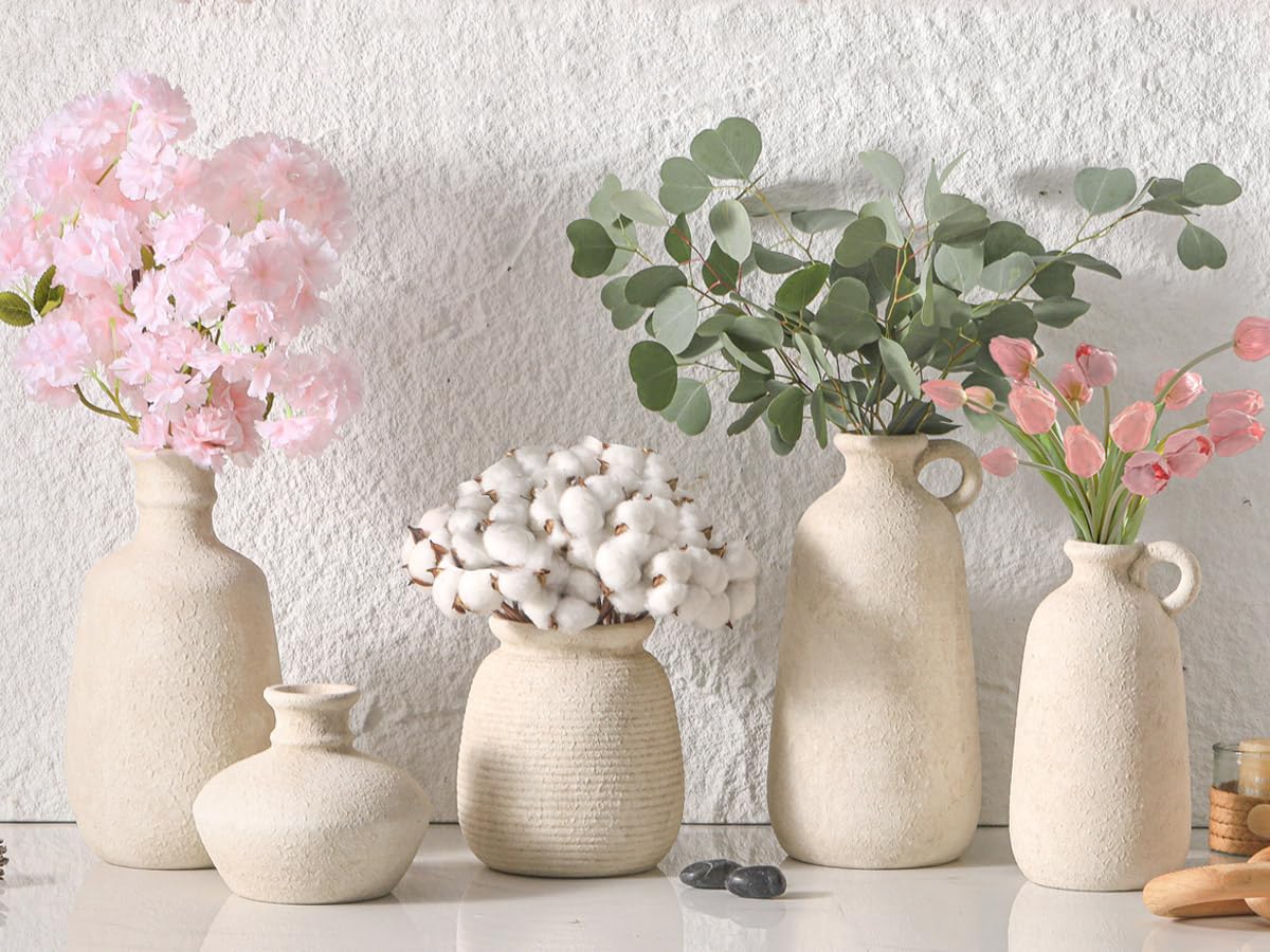 OOIT Ceramic Rustic Farmhouse Vase, 7.48 Inch Pampas Vase Decorative Pottery Flower Vase Boho Vase for Home Decor Shelf Decor Bookshelf Mantle Entryway Living Room Table Decor - Image 6