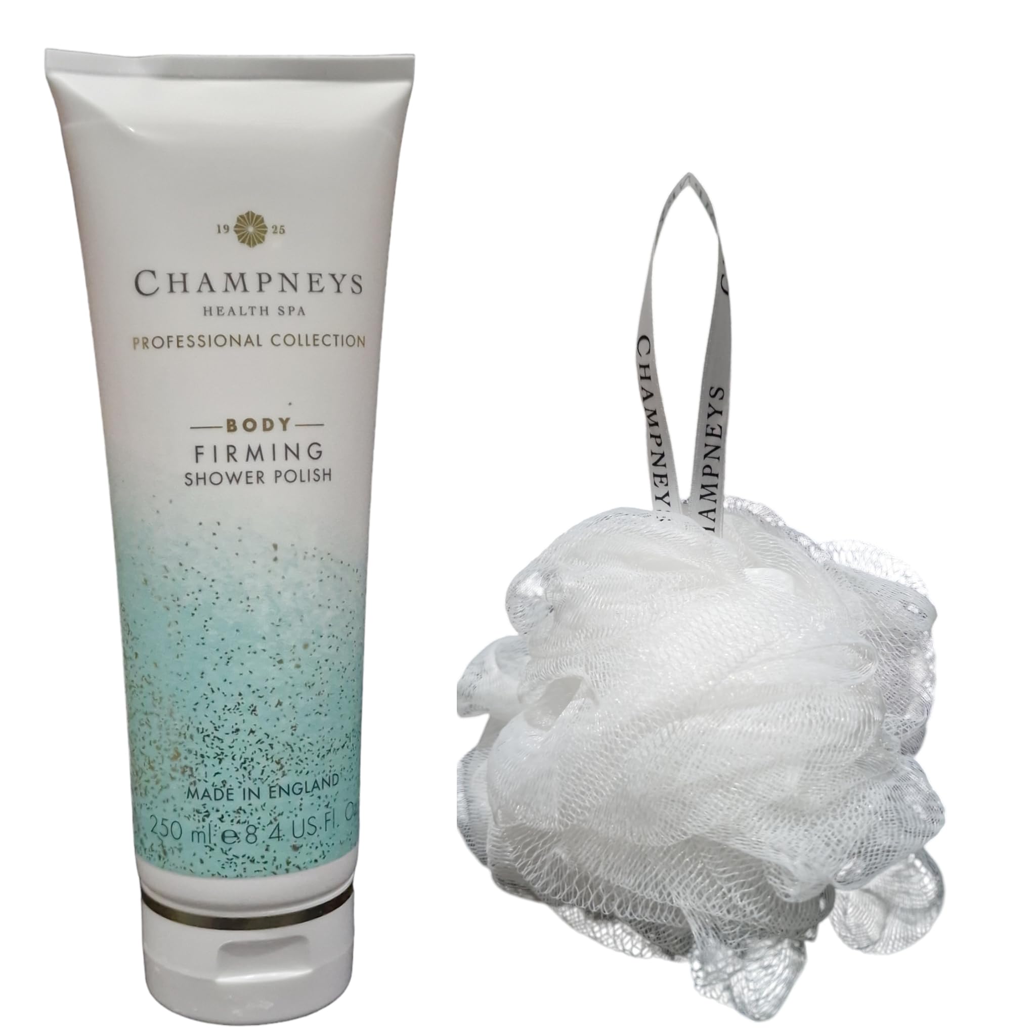 Ch@mpneys Body Firming Shower Polish 250ml (Old Packaging) With Luxurious Ch@mpneysz Body Puff