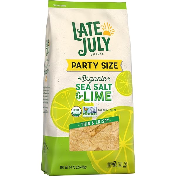 LATE JULY SNACKS, THIN & CRISPY ORGANIC TORTILLA CHIPS, SEA SALT & LIME, 14.75 OZ PARTY SIZE BAG