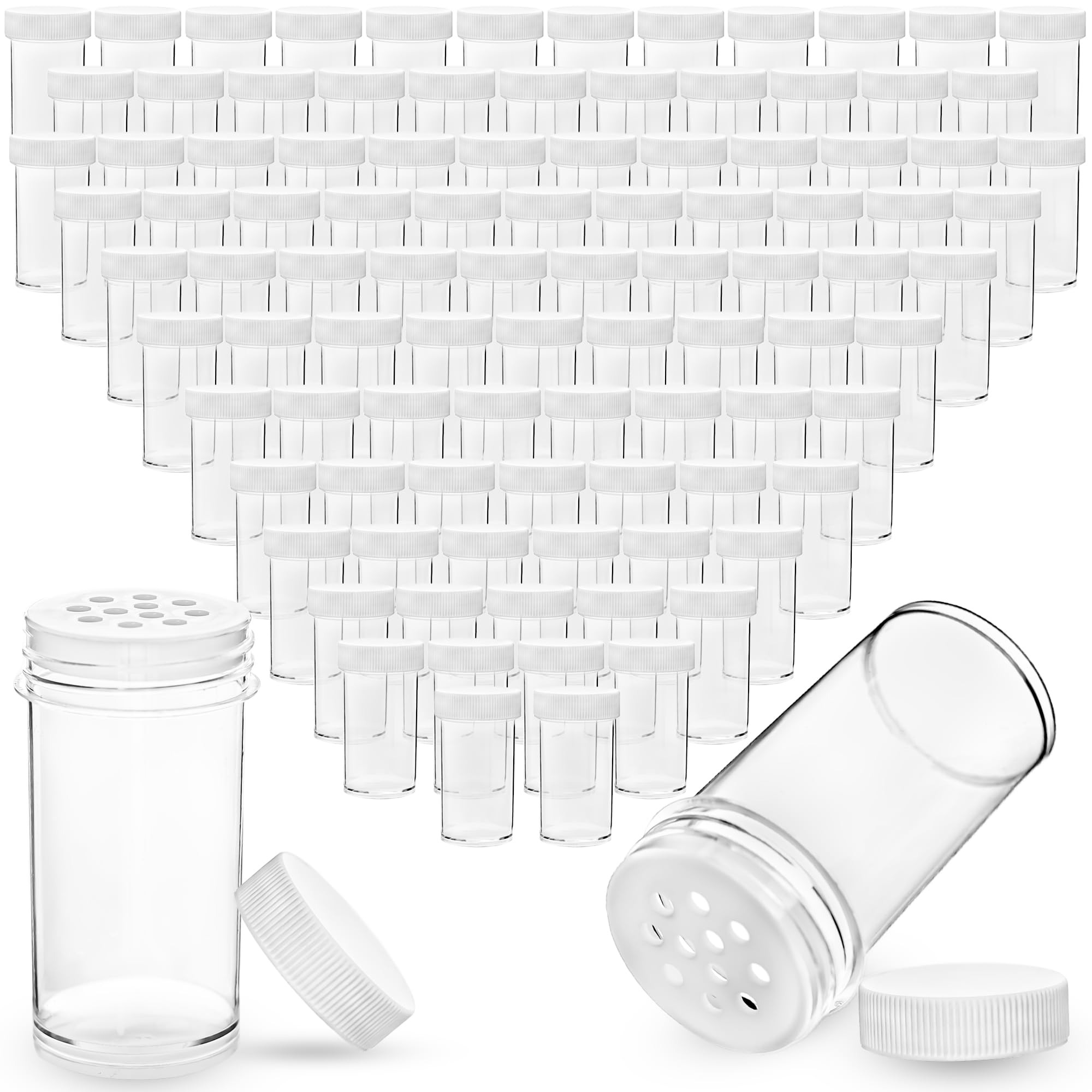 Photo 1 of 100 Pack 1 oz Mini Plastic Spice Jars with White Caps Bulk Clear Empty Spice Bottles with Sifters Small Refillable Seasoning Containers for Kitchen Home Travel