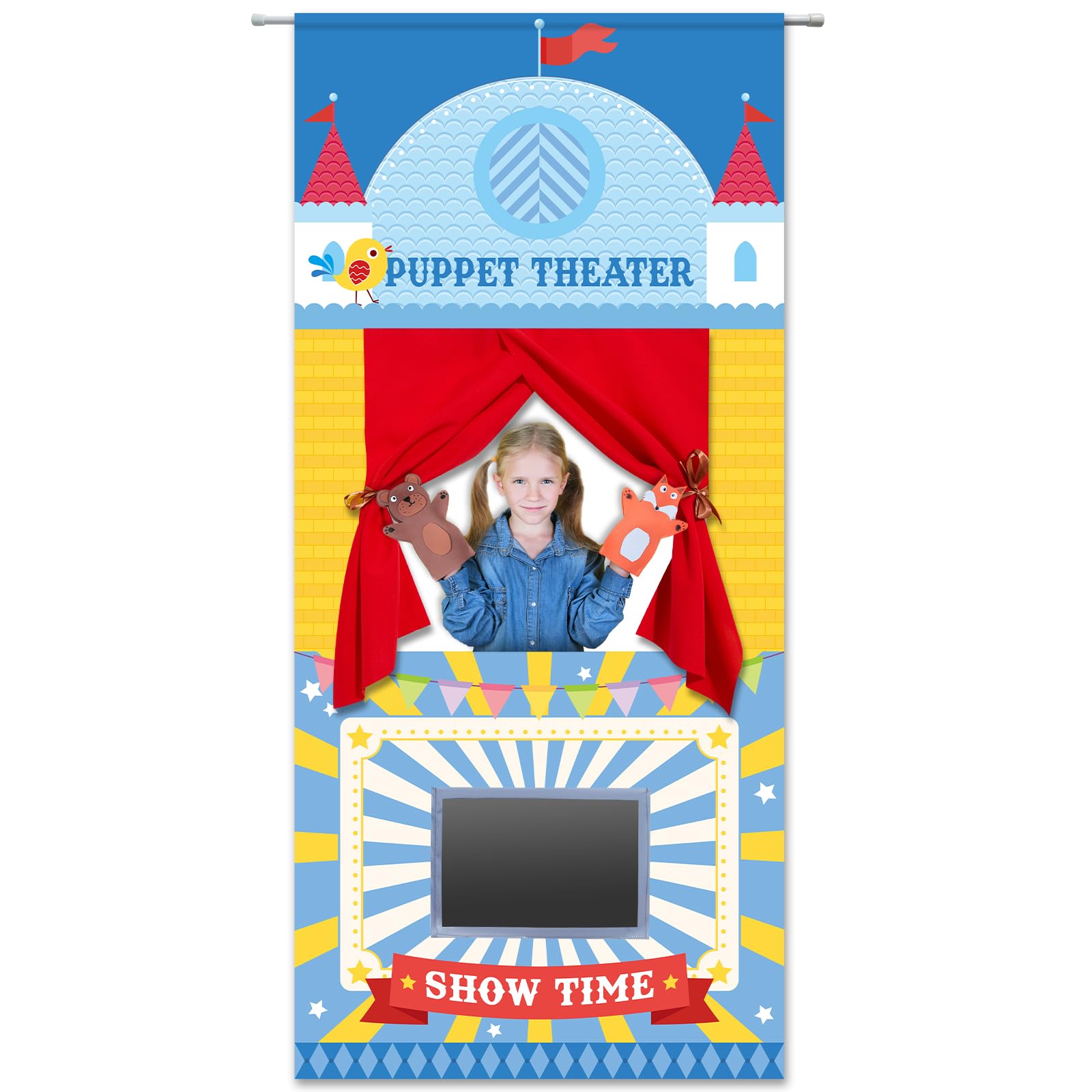 Photo 1 of gisgfim Doorway Puppet Theater with 2 Adjustable Rods 31x67 In Blue Red Foldable Hanging Puppet Show Theater for Kids Pretend Play Hand Puppets Educational Kids Activities Toys Easy to Set Up Put Away