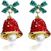 Rhinestone Red Bells Christmas Dangle Earrings for Women Fashion Green Bow Pearls Xmas Statement Drop Dangling Hypoallergenic Christmas Holiday Party Decoration Jewellery Gifts