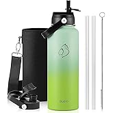 BUZIO 40oz Insulated Water Bottle, Triple Wall Stainless Steel Water Flask with 2 lids, Leakproof BPA-Free Straw Lid Sports Canteen for Sports Hiking, Cold 48H & Hot 24H- Gradient Green