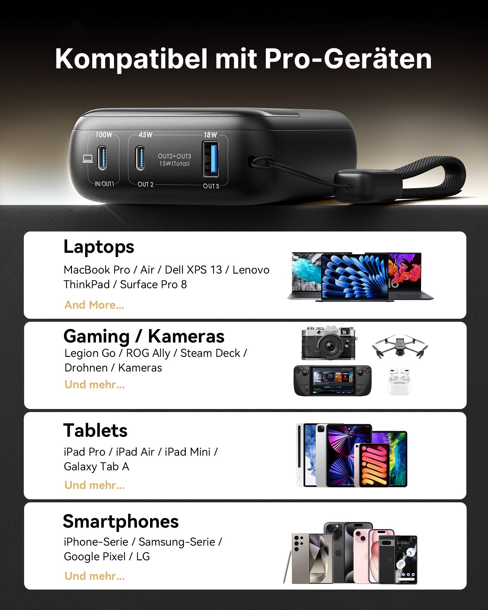 INIU Laptop Power bank, Ultra Kompakt 100W Schnellladung Powerbank, 25000mAh Hochkapazität Externer Akku mit USB C Kabel, Flugtauglich, für MacBook, Steam Deck, iPhone 17/16/15 Pro, Samsung, iPad uvm. 7