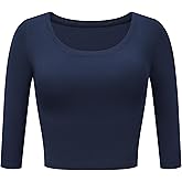 OThread & Co. Women's 3/4 Sleeve Scoop Neck Crop Top Basic Comfy Ribbed Knit Tee