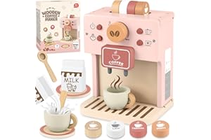 Airlab Kids Coffee Playset Toy Coffee Maker Set for Toddler Wooden Kitchen Accessories Pretend Play for Girls Boys Ages Birthday Gifts Pink