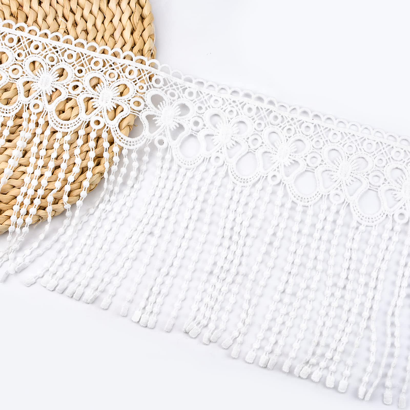 URROMA 2 Yards White Lace Trim with Tassel, Wide Sewing Fringe Tassel Trim Crafts Decorative Trim for Dress Extender Curtain Home Decor DIY Supply