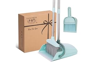 XXFLOWER Broom and Dustpan Set for Home, Standing Upright Dustpan with Long Handle & Comb Teeth, Mini Handy Broom Dustpan Set