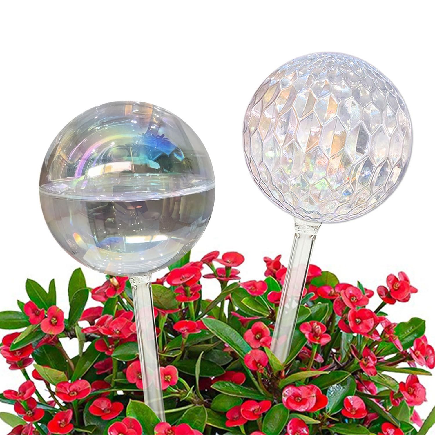 Photo 1 of Vividaire 17 Oz 2 Weeks Glass Plant Watering Globes Large for Indoor Outdoor Potted Plants Self Watering Planter Insert Bulbs Water Plants While Away Vacation Devices (Iridescent Large 2-Pack)