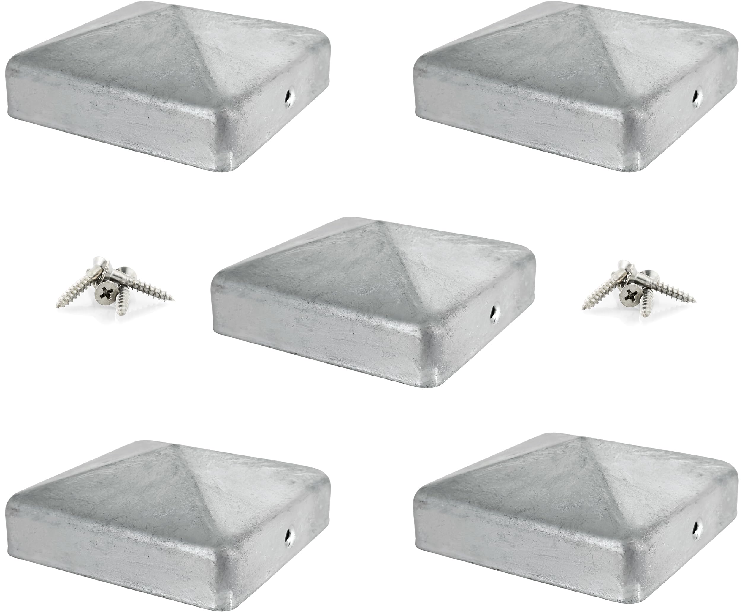 IRONTITE® 5 Pack Metal Fence Post Caps 3x3 Galvanised, Newel Post Cap Fence Toppers to Suit 75mm (3") Square Fence Newel Posts. Protect Your Posts with This Pyramid Fence Post Protector (GALV)