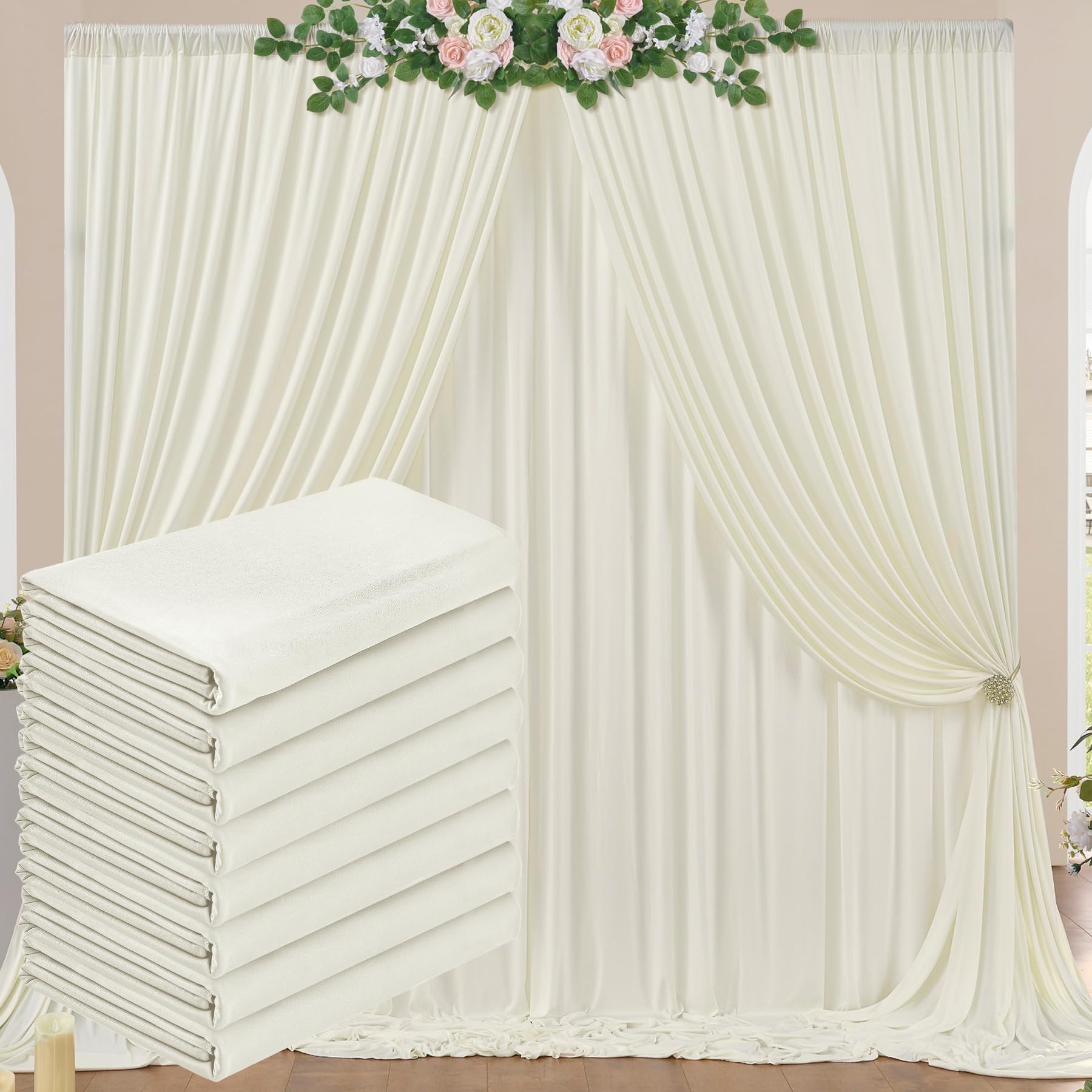 Photo 1 of 40 ft x 10 ft Wrinkle Free Ivory Backdrop Curtain for Wedding Parties, Polyester Ivory Photo Backdrop Drapes 8 Panels 5x10ft for Baby Shower Photoshoot Engagement Birthday Party Photography Background