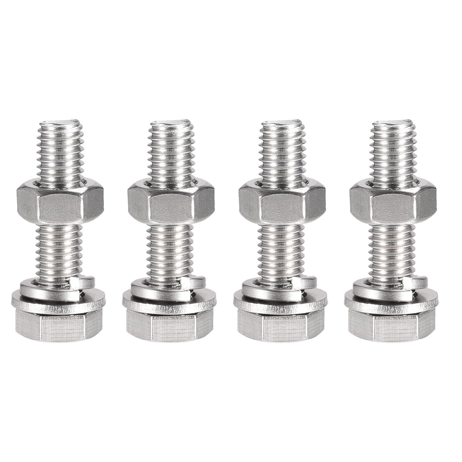 TOP-VIGOR 4Pcs M10 x 45mm Hex Head Screws Bolts, Nuts, Flat & Lock Washers Kits, 304 Stainless Steel Fully Thread Hexagon Bolts for DIY Bike Motorcycles Repair