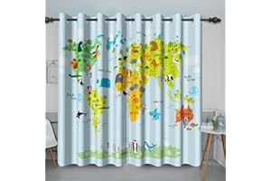 Baocicco Kid World Map Blackout Window Curtains for Bedroom Toddlers Funny Geography Educational Window Drapes Kids Cartoon Animals Continents Oceans World Map Grommets Curtain 2 Panels 42x63 Inch