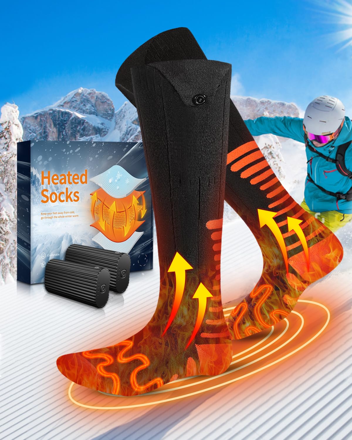 Eventek 7.4V Rechargeable Heated Socks - 360° Heating Electric Socks with 3 Levels Heat Settings, Washable for Ski Hunting Hiking