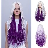 WECAN Silver Grey to Purple Wig 28 Inches Long Sliver to Purple Wavy Wigs For Women Synthetic Hair Replacement Wigs Halloween Cosplay Daily Party Heat-Resistant Fiber Wig