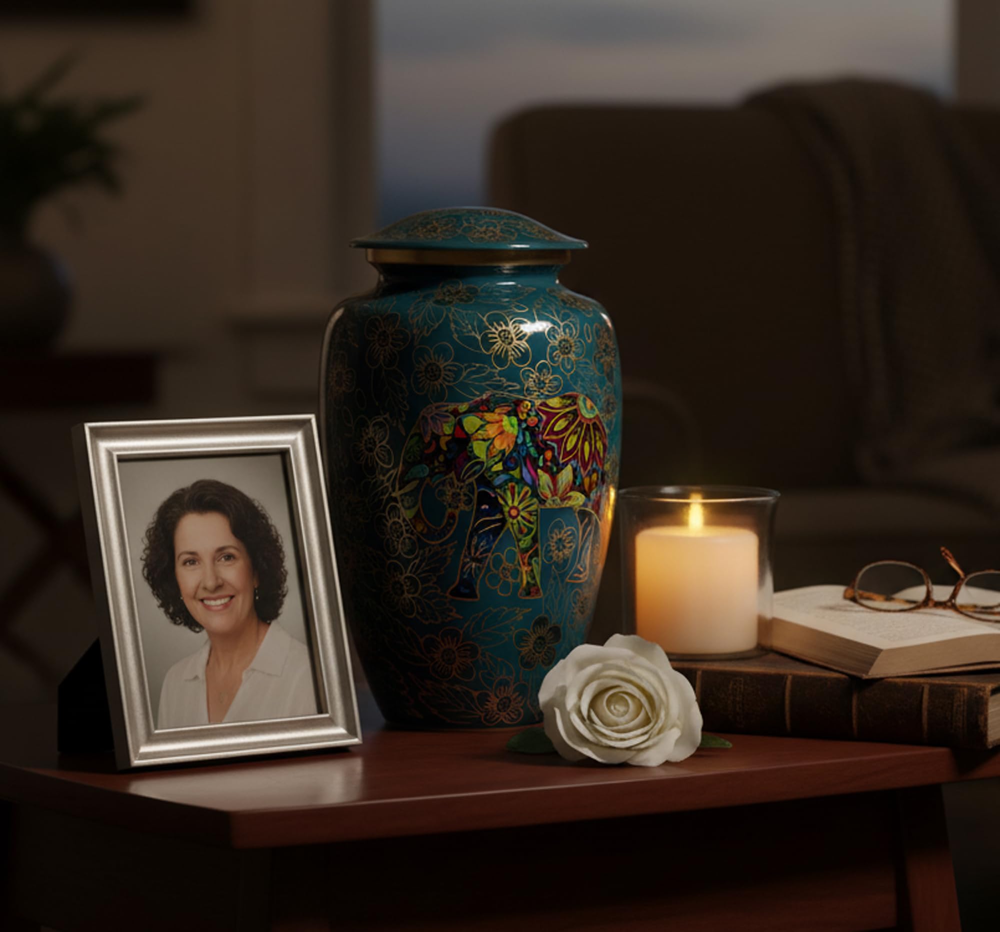 ESPLANADE Metal Cremation Urn | Elephant and Flowers Pattern | Blue | Aluminium | 10" H x 6" W | 3300 ml / 200 cu in | Threaded Lid