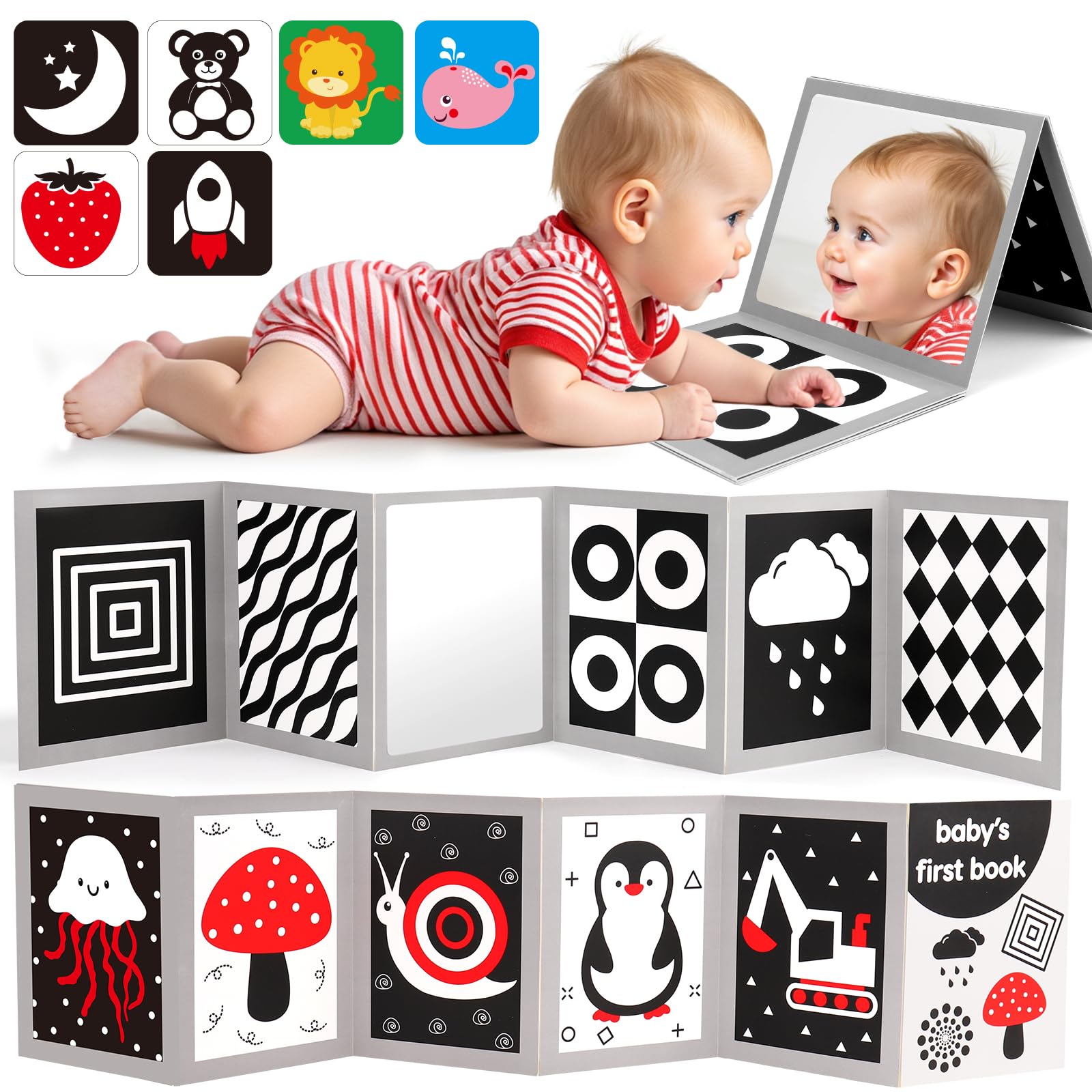 Lypsochaat Black and White Sensory Toys for Babies, Tummy Time Toys with Mirror, High Contrast Black and White Baby Sensory Cards Books, Newborn Toy for 0-3 0-6 6-12 Months Baby Gifts