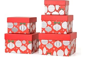 PAPER FAIR 5PCS Christmas Nesting Gift Boxes Set, Red Silver Foil Lantern Flat Square Cardboard Nested Box with Lid, for Gift Wrapping Holiday Present Xmas Birthday, Assorted Size