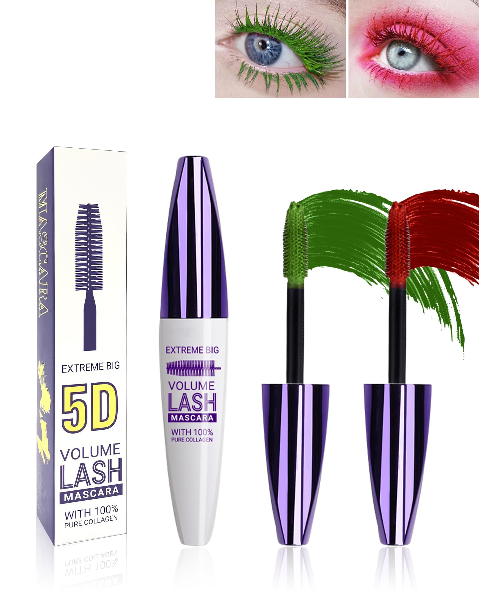 Green & Red Colored Mascara - 2 Pack Waterproof 5D Volumizing Fiber Lash Mascara, Smudge-Proof Long Lasting Curling, Halloween Cosplay Colorful Eye Makeup