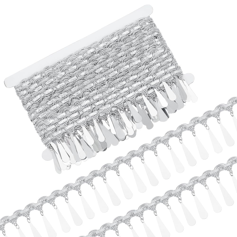 FINGERINSPIRE 10Yards/9.14M Sequin Tassel Trim 56mm Wide Metallic Braid Lace Trim Silver Centipede Ribbon with Hanging Teadrop Sequin Paillette Tassel Fabric Lace Ribbon for Sewing Decoration