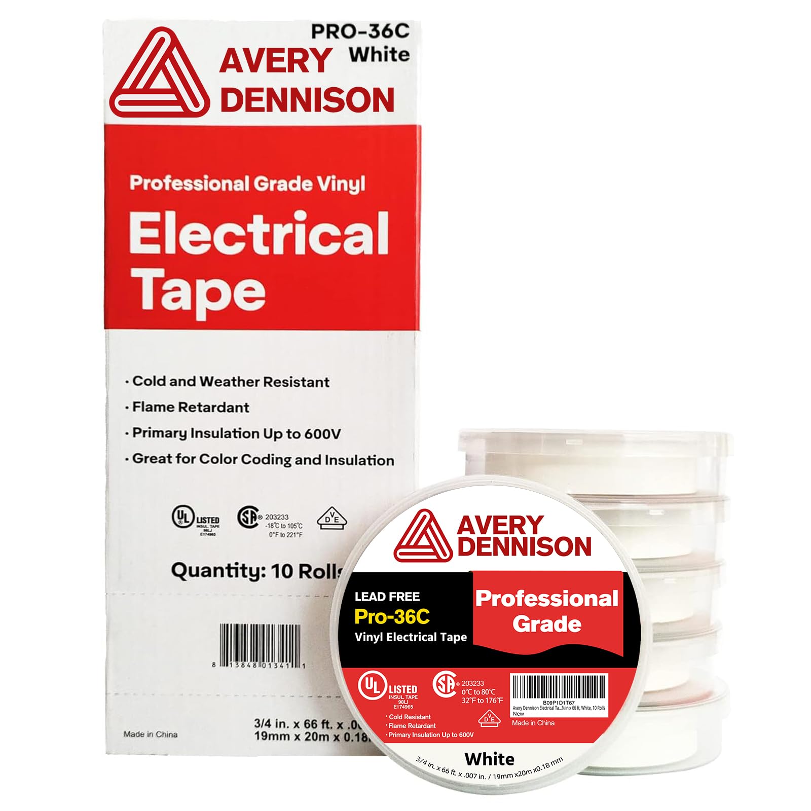 Avery Dennison Electrical Tape, 10 Rolls Professional Grade PVC Electric Tape, UL/CSA Listed ¾ in x 66 ft Insulating Vinyl Tape for Electrical, Repairs, Automotive and Equipment, Pro-36C, White Image