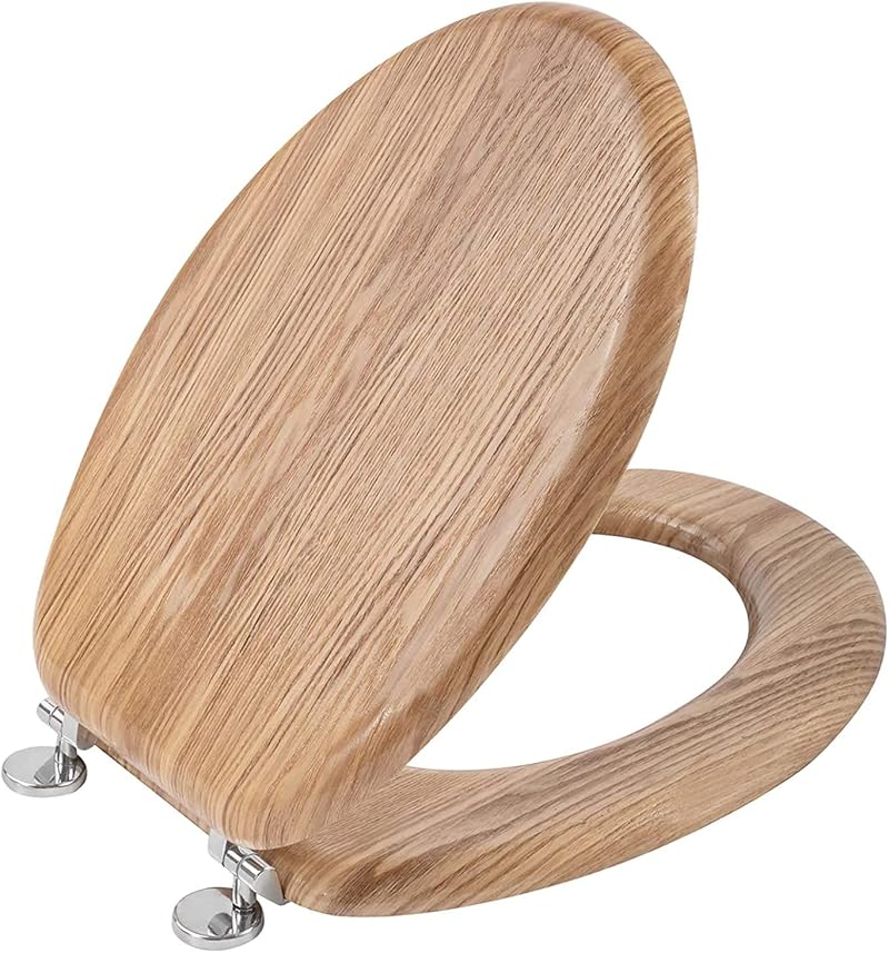 Angel Shield Antibacterial Wooden Toilet Seat Solid Oak Adjustable Hinges