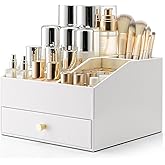 VLANDO Makeup Organzier,Vanity Organizer with Drawers, PU Leather Skincare Organizer Perfume Organizer,Large Cosmetic Display Case for Lipstick,Brushes Gifts for Women-White