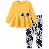 PATPAT Toddler Kids Girls 2Pcs Clothes Set Bowknot Design Ruffle Hem Long Sleeve Top and Floral Print Pant Outfits