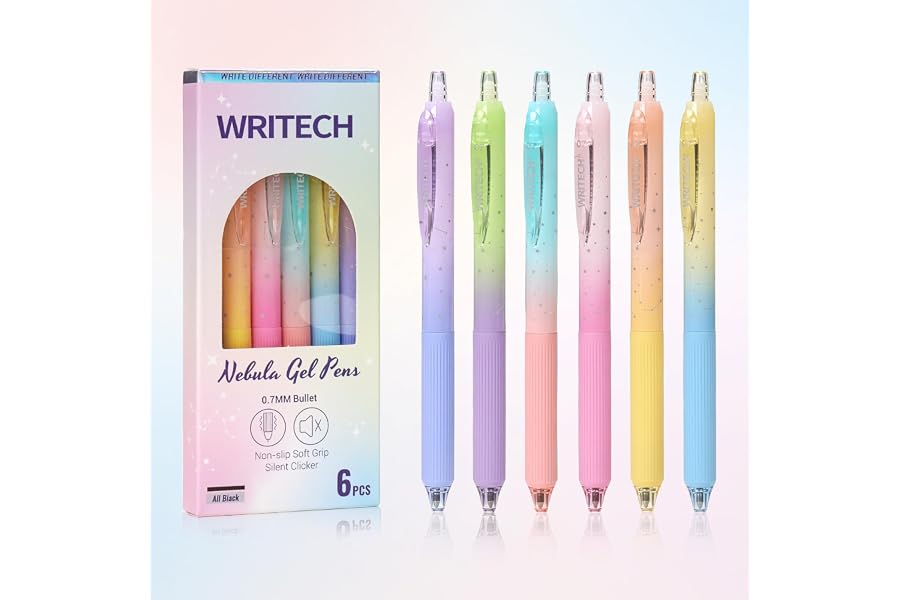 WRITECH Gel Pens Fine Point: Nebula Pen Set 0.7mm Black Ink Retractable 6ct Medium Point Smooth Writing with Aesthetic Gradient Color Barrel for Journaling Note Taking Silent Click No Smear