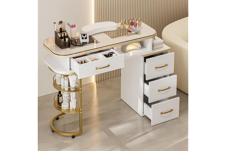 Paddie Manicure Table for Nail Tech, Glass Top Nail Desk Station w/4 Drawers & 2-Tier Storage Shelves, Salon Beauty Workstation Acetone Resistant w/Wrist Cushion, Golden Handles (White)