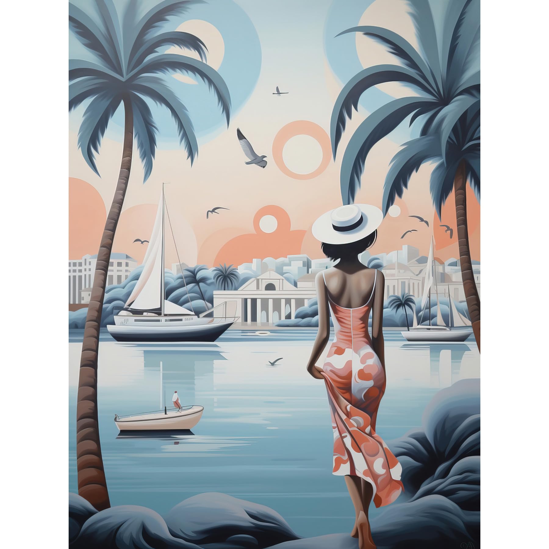 Artery8 French Riviera Palm Tree Coastline Boats Stylised Artwork Teal Coral Pink Woman Cote d'Azur Nice Coastal Landscape Extra Large XL Wall Art Poster Print