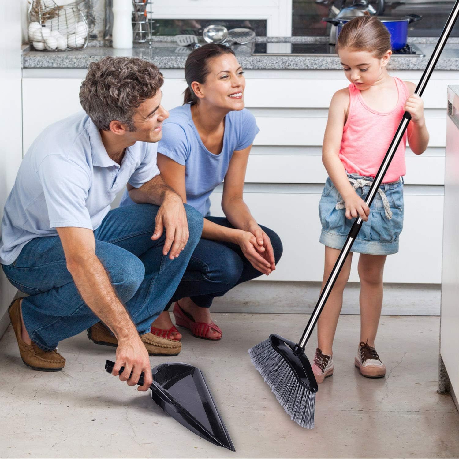 Jiaxin Angle Broom and Dustpan Set, Broom with 43” Long Adjustable Handle, Handy Clip-on Dustpan, Easy Sweeping for Home Kitchen Office Floor, 2 Pack: Home & Kitchen