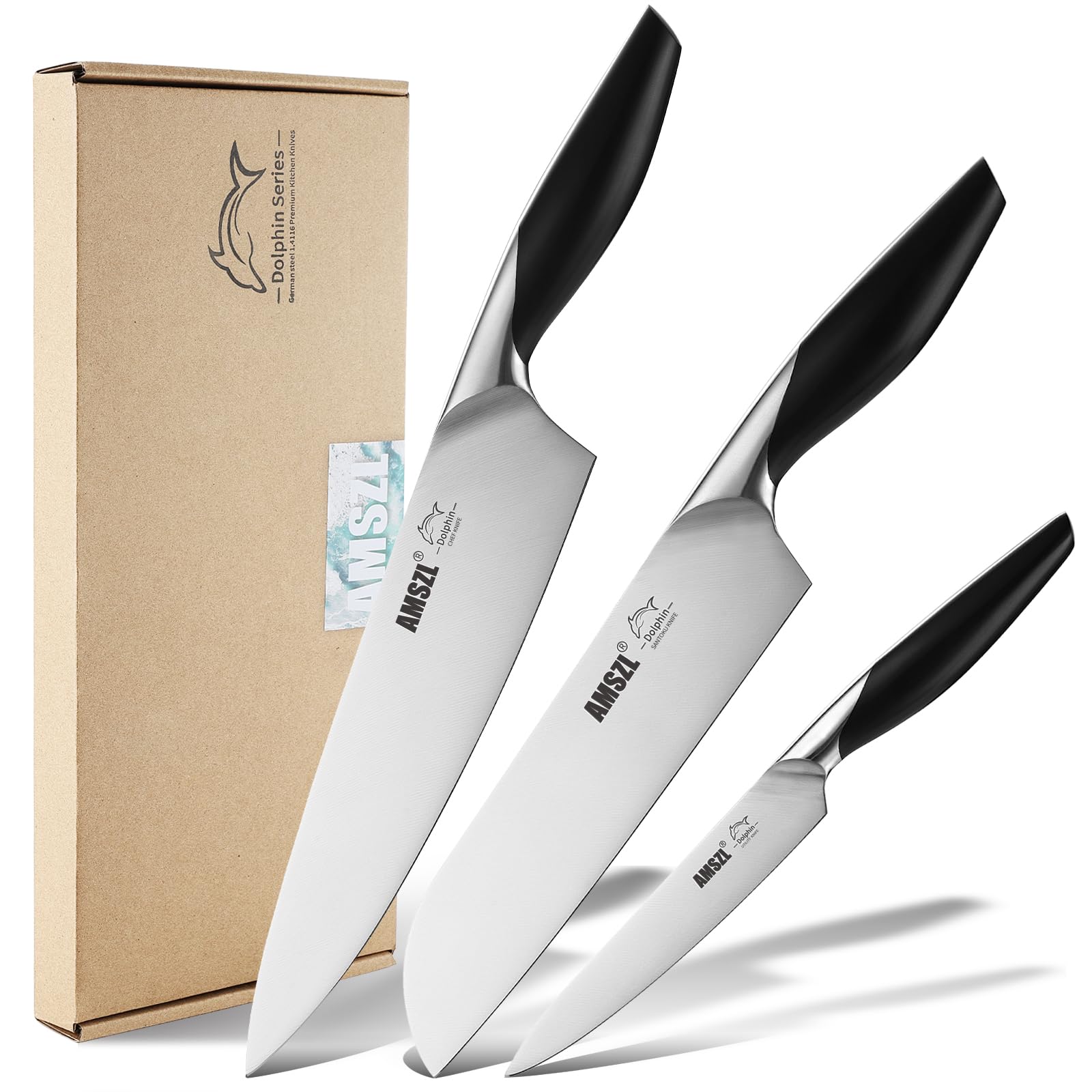 Photo 1 of AMSZL DOLPHIN Kitchen Knife Set 3, German 1.4116 High Carbon Stainless Steel, Ultra Sharp & Durable, Comfortable Black ABS Handle, Perfect for Kitchen & Dinning