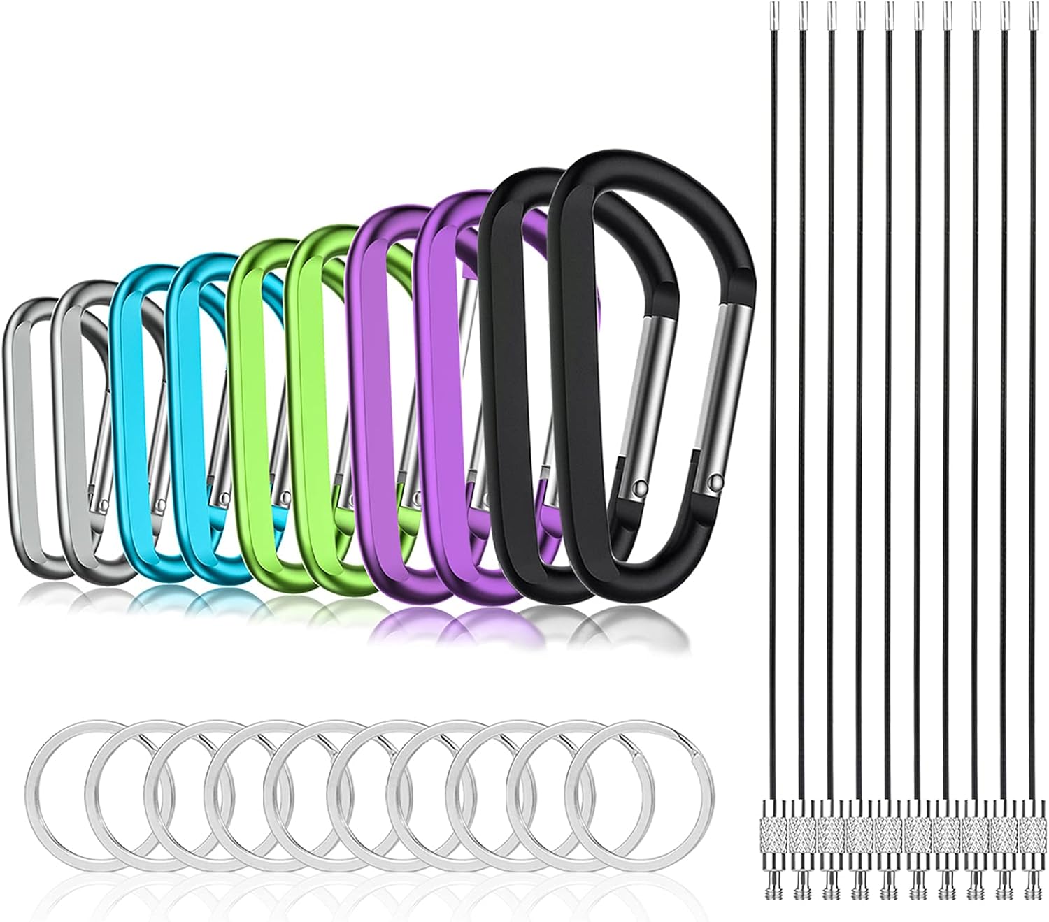 10PCS 3" Carabiners Caribeaner Carabeaner Hooks Clips,D Ring Shap with 10PCS Wire Keychain + 10PCS Carabeeners Keyrings(Multi-Color): Clothing