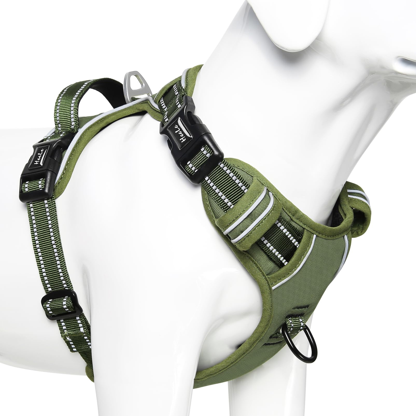HEELE Dog Harness, No Pull Large, Release on Neck, Front Back Clips Dog Vest Harness Reflective Adjustable Padded, Easy Control Handle for Outdoor Walking Training, Green, L