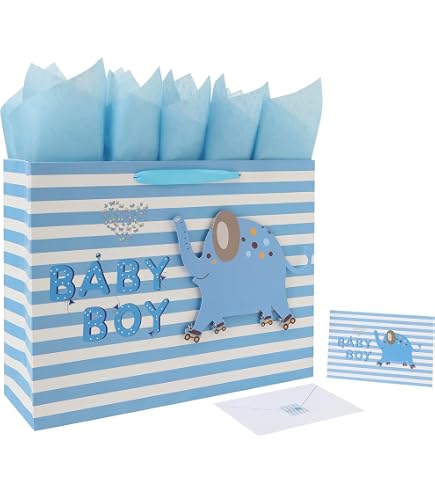 13" Large Baby Boy Gift Bag Set - Includes Card, Tissue, Stickers, 3D Footprint Design