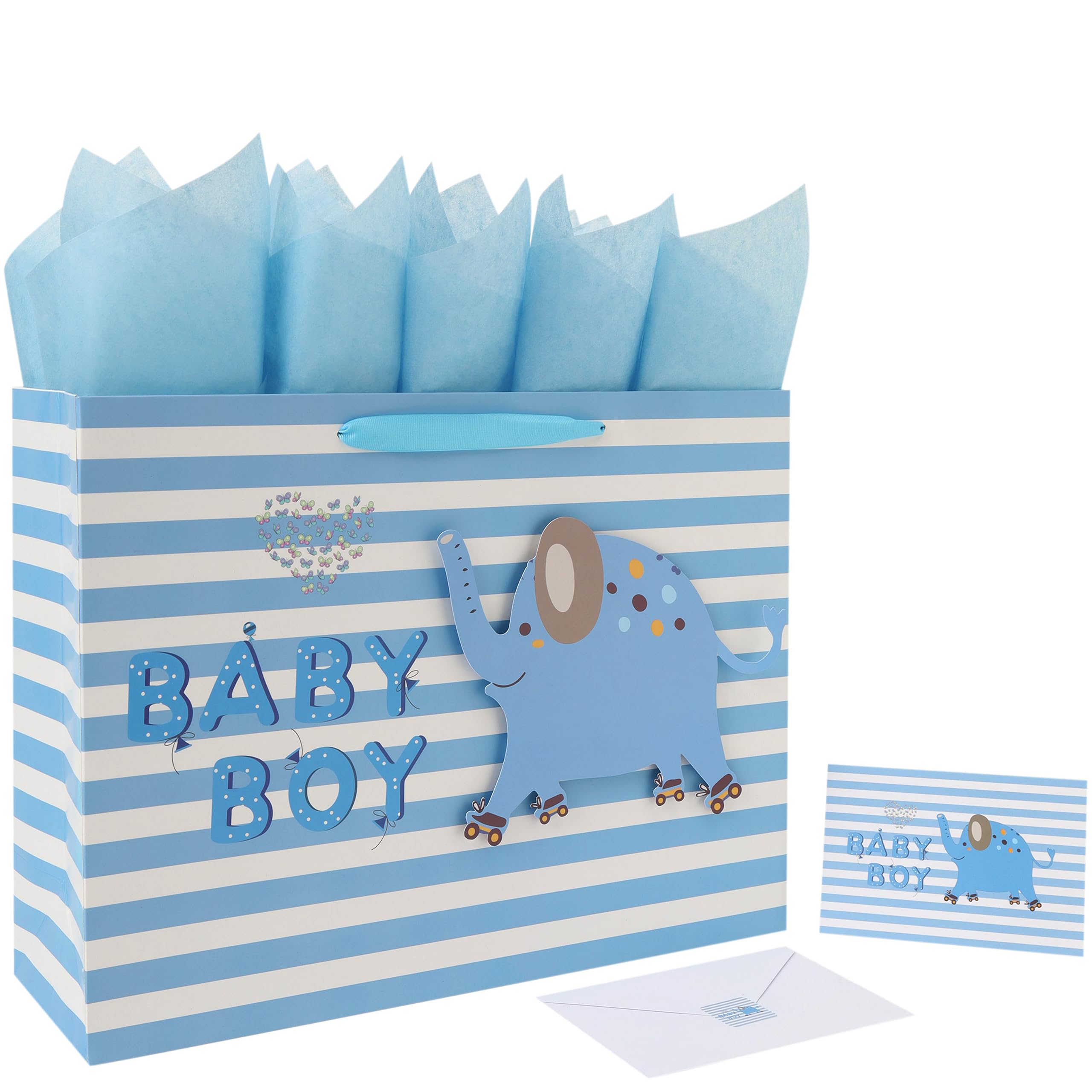 Photo 1 of 16.5” Extra Large Baby Boy Gift Bag Set with Handles, Greeting Card, Blue Tissue Papers and Stickers for Boys Kids for Baby Shower, Kids Birthday Party, Newborn, New Moms or Parents, 3D elephant Design, 1 Pcs